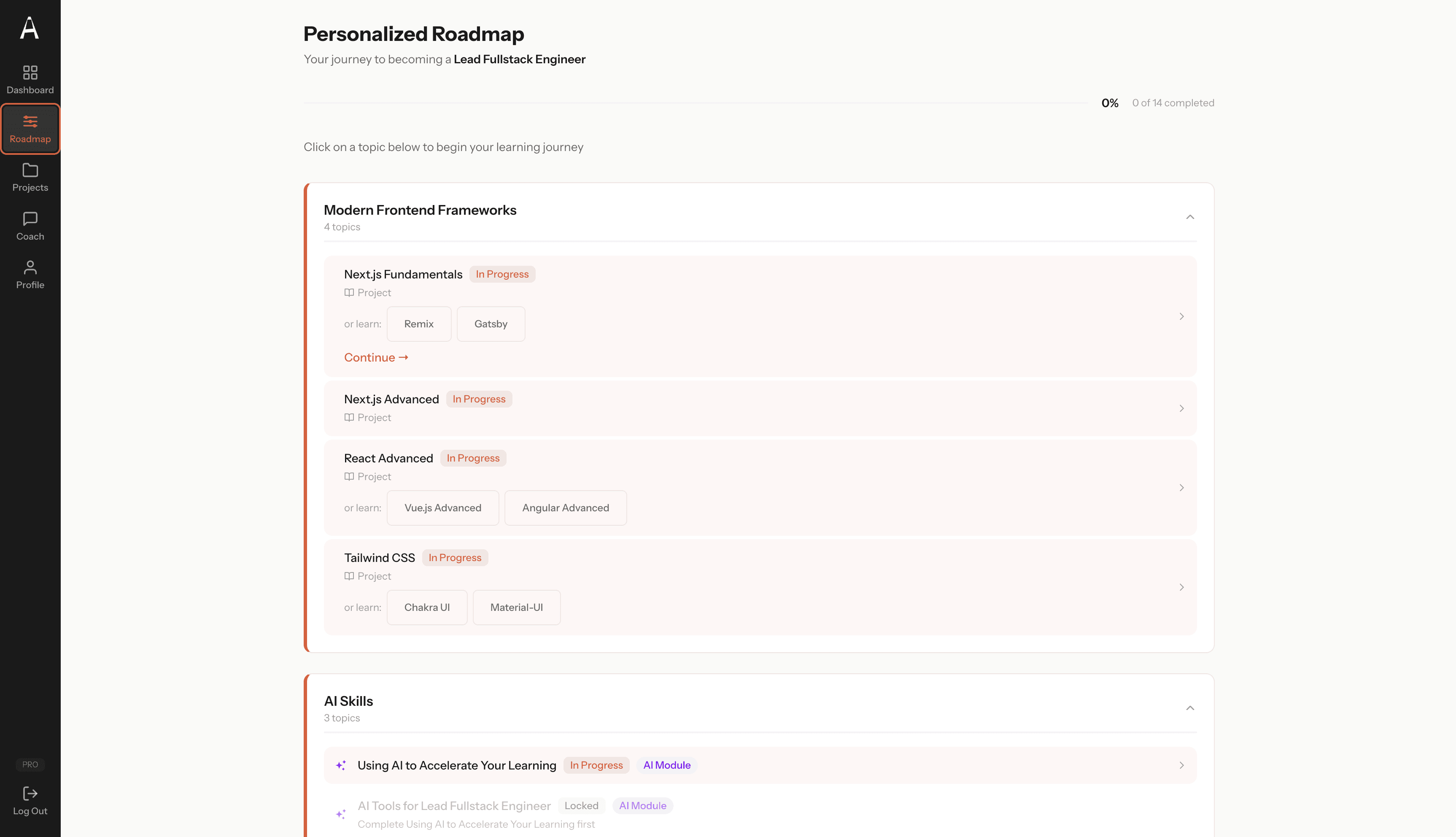 Personalized learning roadmap with module-based timeline, progress tracking, and topic dependencies
